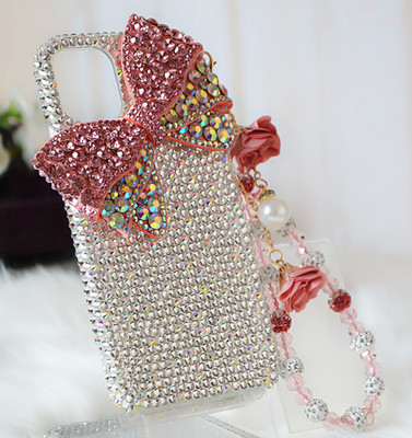Women/Girl 3D Bowknot Flower Cute Diamond Bling Rhinestone Wristlet Case Cover