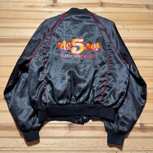 Vintage 80s Ac5res Auto Wrecking Full Zip Satin Bomber Jacket USA Made - Size XL