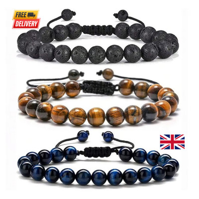 3 Stile 8 mm natürliches Tigerauge Lavagestein Armband - Handarbeit Herrenschmuck Geschenk