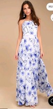 Women's Bold Floral Dress, Lulus, Eternal Joy, Backless, Formal, Blue Maxi XS