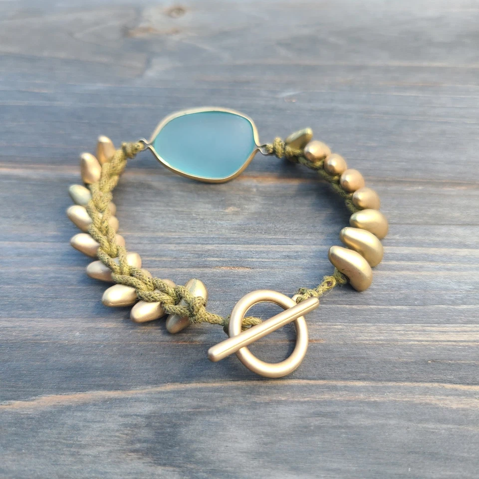 Pulsera J. Jill JJill Océano Azul Cristal de Mar Color Dorado Cuentas Envolvente Tejida Cáñamo Foto 3 de 4