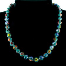 Murano Glas Halskette Grün Silber Multi 42 Perlen Millefiori Venedig 46 cm