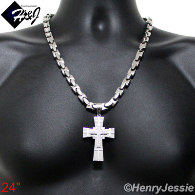18-40''MEN Stainless Steel 8mm Silver Interlock Bone Necklace CZ Cross Pendant*N7
