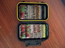 Fly fishing flies kit, 102 flies in 16 different styles, inc. hard case box.