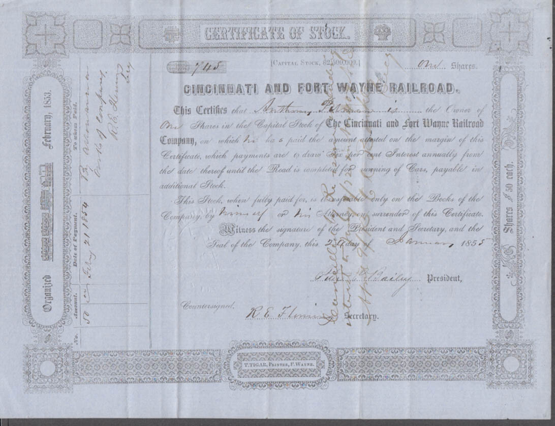 Cincinnati & Fort Wayne Railroad stock certificate 1855 one share