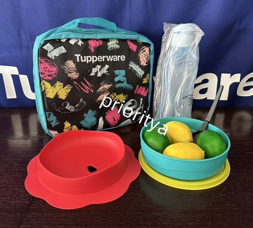 Tupperware Lunch Bowl Hang On Spoon ECO Water Bottle Kid Lunch Bag Blue New - Picture 3 of 5