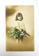 VTG Real Photo Postcard RPPC Little Girl Holding Bouquet Yellow Pansies