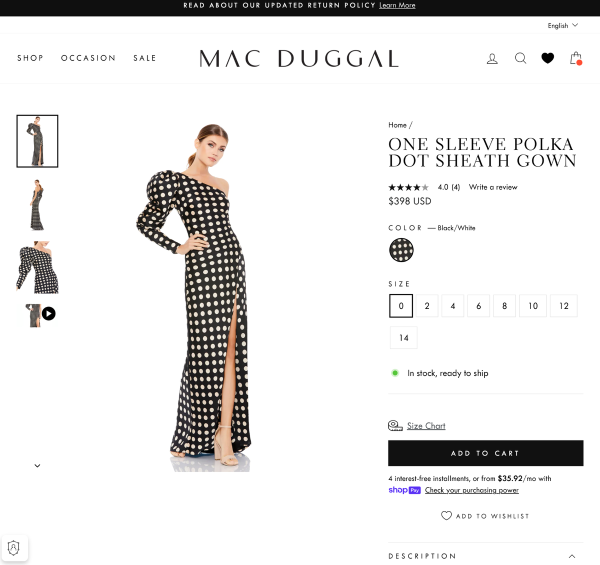 NEW $398 IEENA Mac Duggal [ 8 ] One-Shoulder Polka Dot