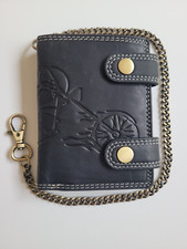 Black Rustic Genuine Leather Biker Bifold RFID Blocking Wallet W/ Chain