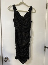 Express Womens Dress Sz 6 Black Gold Deep V-Neck Ruched Floral Lace Sleeveless