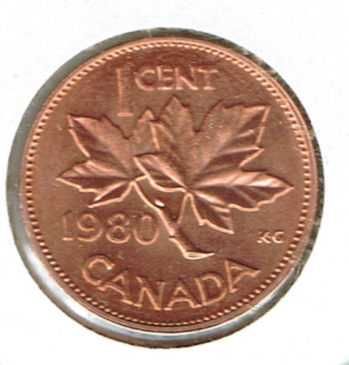 1980 Canadian Uncirculated One Cent Elizabeth II & Maple Leaf Coin