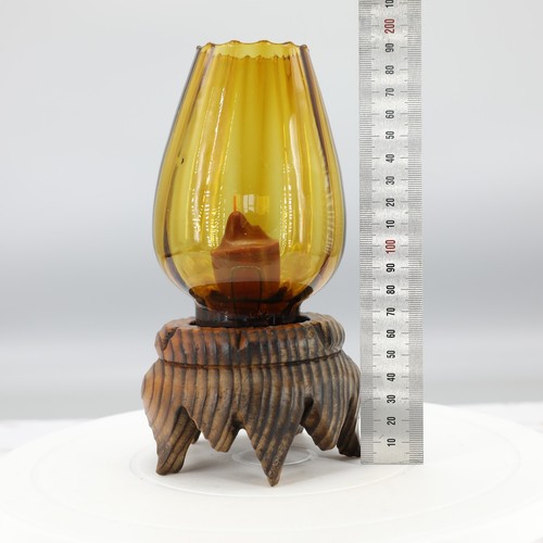 Vintage Candle Votive Holder Amber Glass Wood Lotus Stand Fairy Lamp - Foto 2 di 5