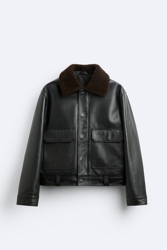 New Zara Aviator Leather Jacket w Faux Shearling S M L 5479/500 bomber biker - Picture 7 of 8