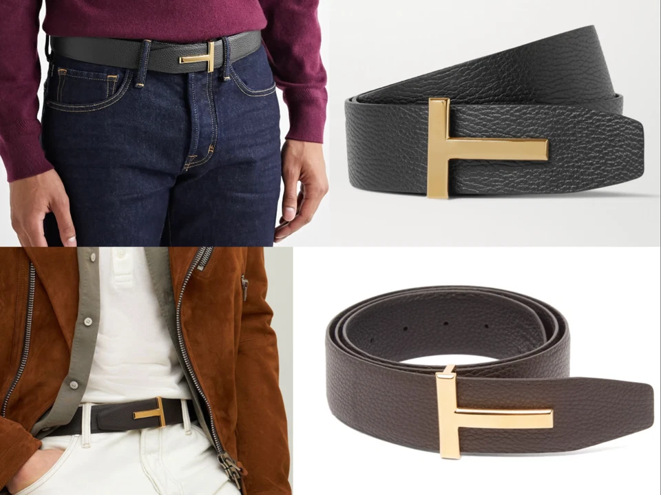 TOM FORD T-LOGO Gold Reversible Grained Leather Belt Wendegürtel Gürtel 100 - Bild 2 von 4