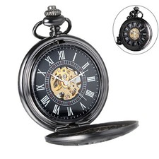 Mens Pocket Watch Mechanical Black Steampunk Skeleton Retro Chain Luxury Classic