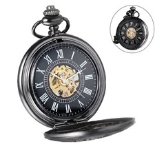 Mens Pocket Watch Mechanical Black Steampunk Skeleton Retro Chain Luxury Classic