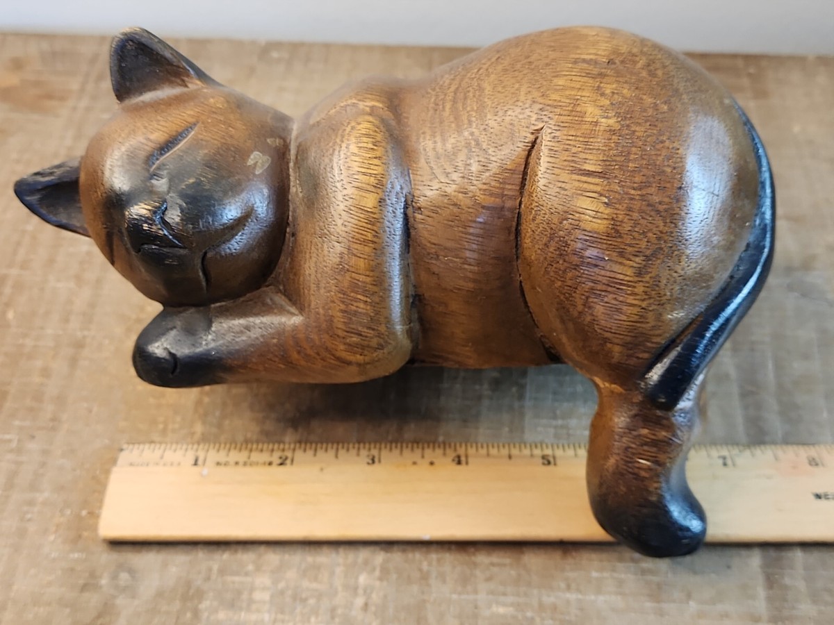 Wooden Cat Shelf Sitter Figurine Carved Hanging Tail Thailand