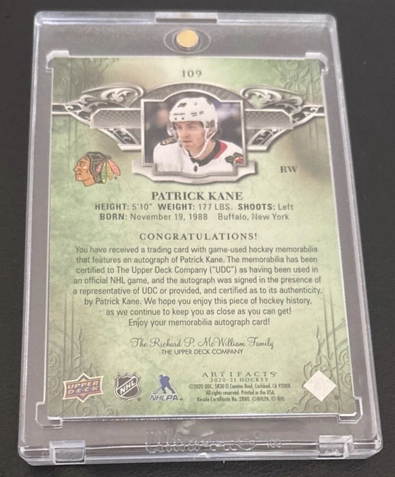 Parche doble autógrafo Upper Deck UD Patrick Kane 2020-2021 firma limitada #6/8 Foto 2 de 2