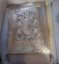 Vintage brass Embossed clad Fire Screen Old England Heraldry wood backed 24"