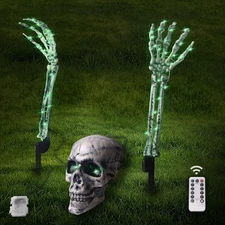 Halloween Skeleton Stakes Lighted Set -Skull & Hands with Remote Control Timer