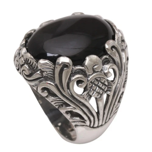 Onyx cocktail ring, 'Night Bloom' - product listing photo