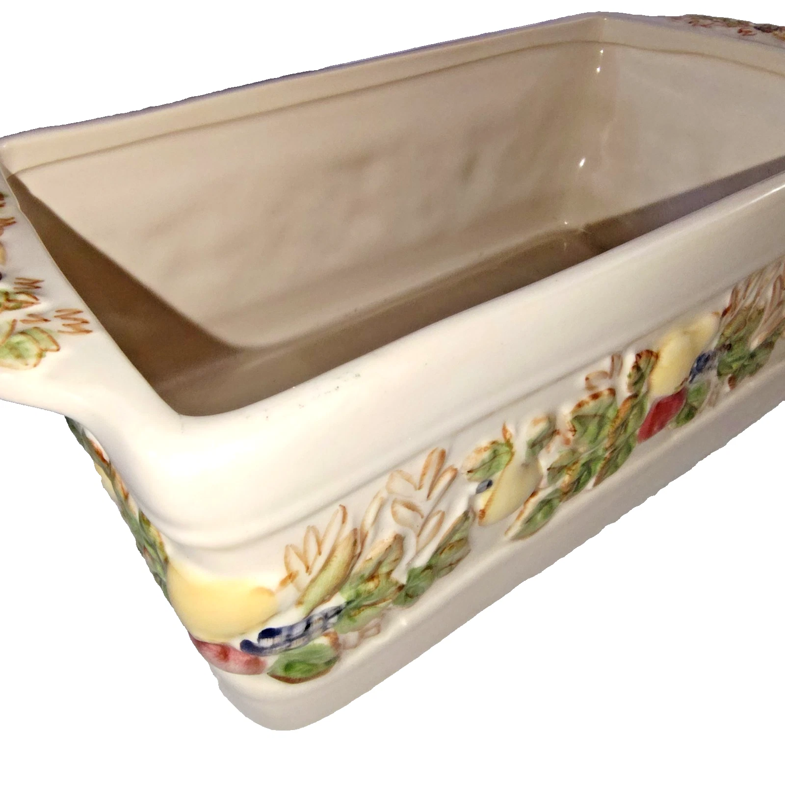 VTG Ceramic Fruit Garland Loaf Pan Embossed Floral