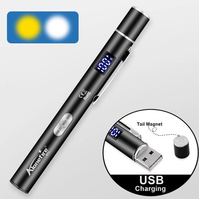 LCD Mini 2-In-1 LED White/Yellow Pen Light Flashlight USB Rechargeable Eyes Pupi