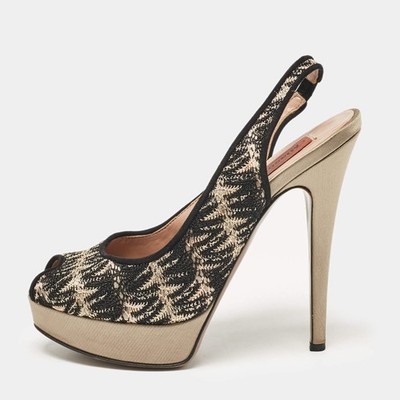 Missoni BlackGrey Lace and Satin Peep Toe Platform Slingback Pumps Size 38