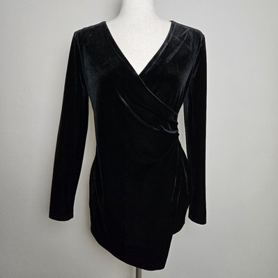#ad #ad WHBM Faux Wrap Velvet Top Black Gathered Asymmetrical Hem XS $13.50