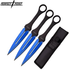 THROWING KNIFE SET Perfect Point 7" Blue Black 3-Piece Kunai Ninja PP-105BL