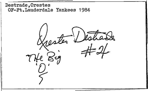 1980's -Orestes Destrade- Signed/Autograph/Auto Index Card New York Yankees MLB