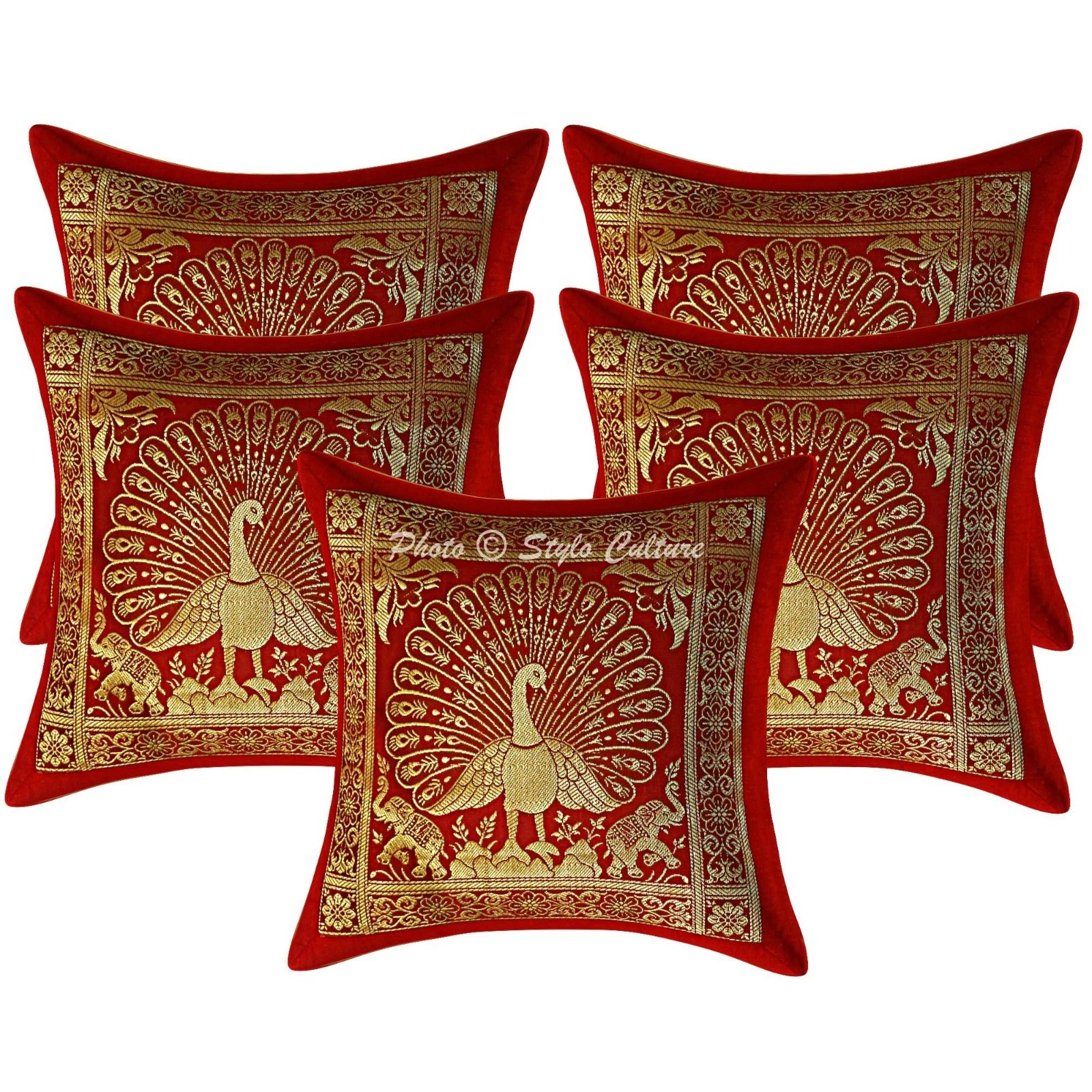 Decorative Brocade Throw Pillow Covers Jacquard Maroon Peacock Pillowcases
