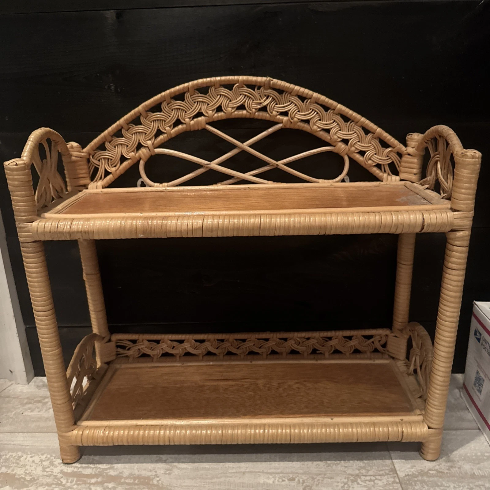 VTG RATTAN BAMBOO WICKER 2-TIER WALL SHELF - 17x17x6.5"