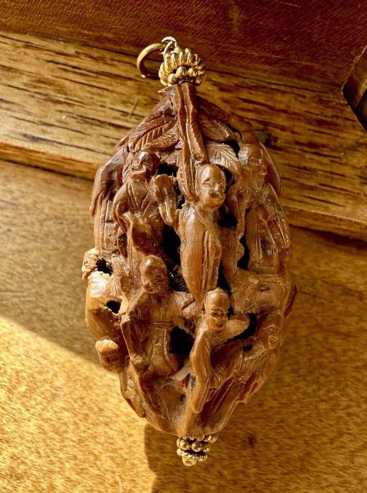 古董中国雕刻水果坑木坚果美达祈祷珠吊坠 — 第 4/4 张图片