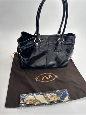Tods Leather Shoulder Handbag Black Double Handle Italy with Dust Bag & Scarf