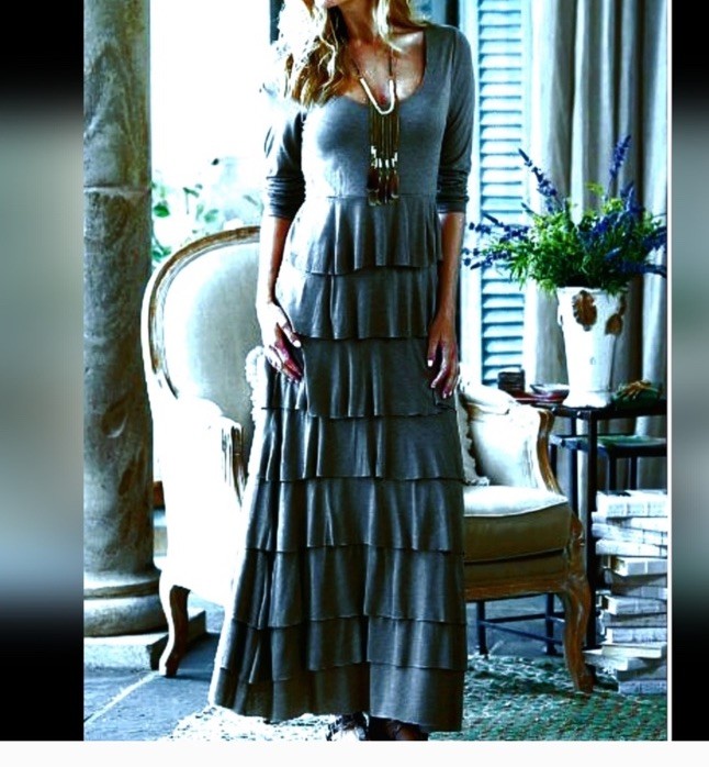 Soft Surroundings Gray Tiered Dress Maxi M Dominique Dress Ruffled Free Spirited