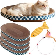 4-Pack Oval Cat Scratcher Bed w/Toys, Large Cardboard Bowl, Furniture Protector