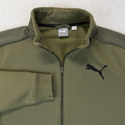 Puma Jacket Mens Large Green Fleece Lined Full Zip Track Mesh Shoulders Athletic