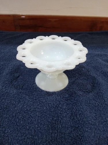 Vintage Anchor Hocking Laced Edge Milk Glass Pedestal Bowl/Candy Dish