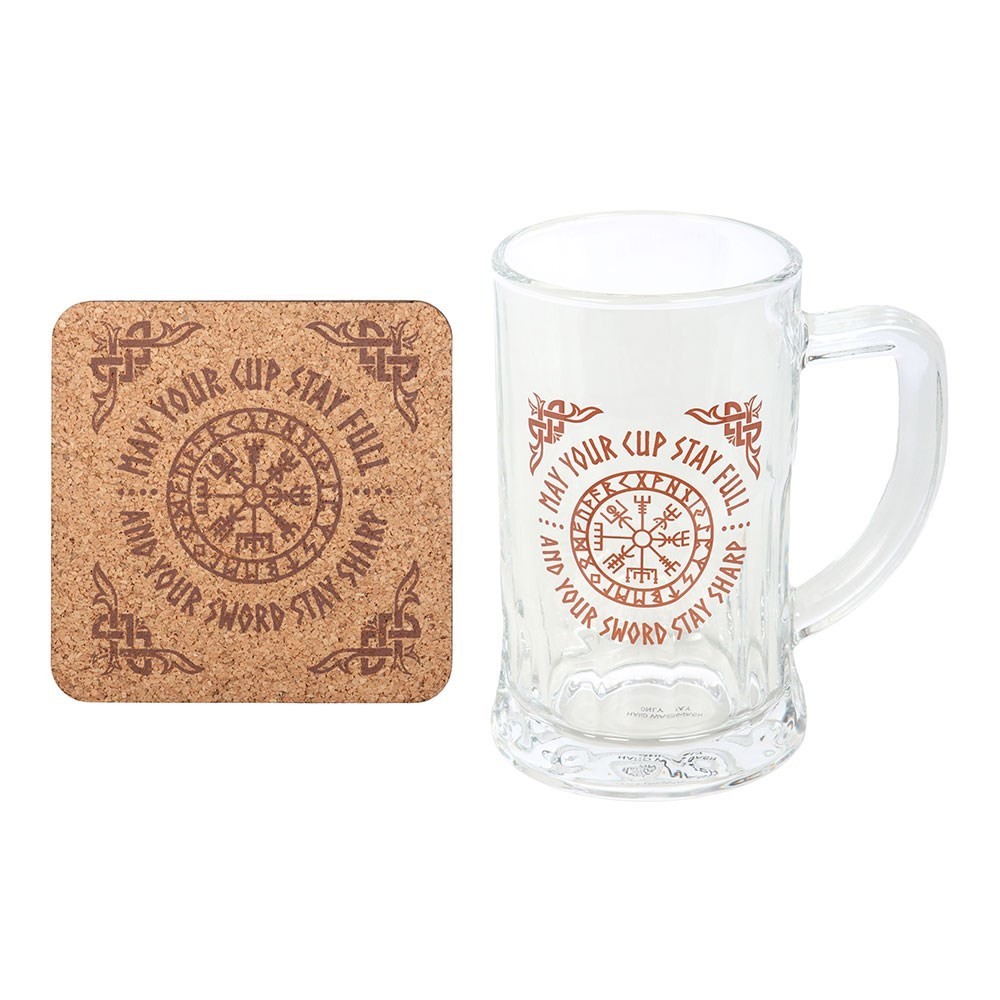 Viking Vegvisir Compass Glass Beer Tankard with Coaster - Father's Day Gift Dad