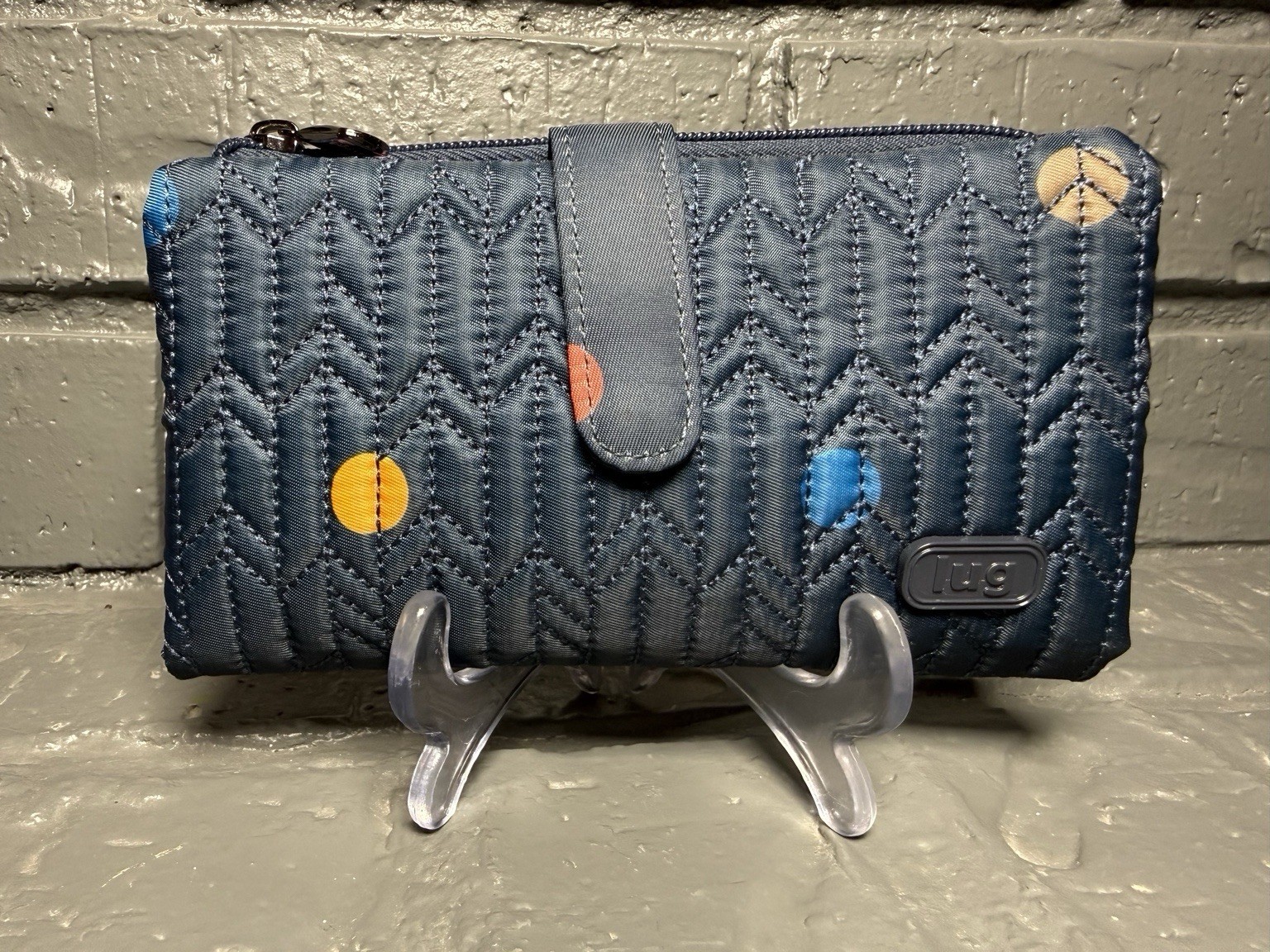 Lug Quilted Blue Polka Dot Zip-Around Wallet w/ ID Window & Credit Card Slots
