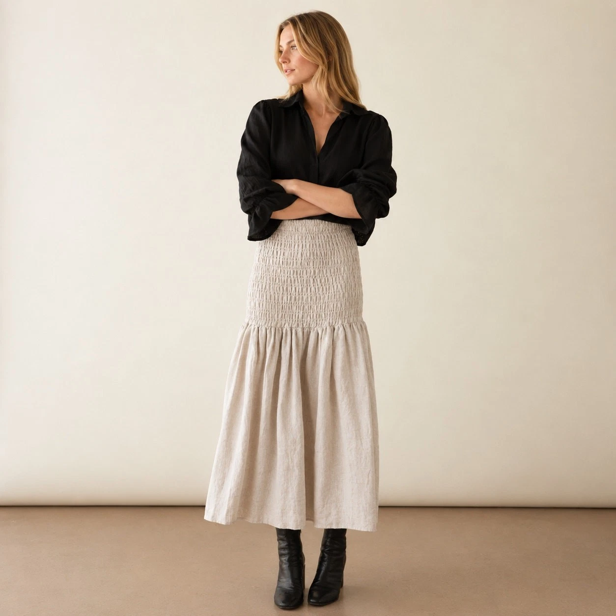 Marle Saint Natural Linen Skirt AU 10 / US 6 Tan Flowy Smocked Midi Maxi