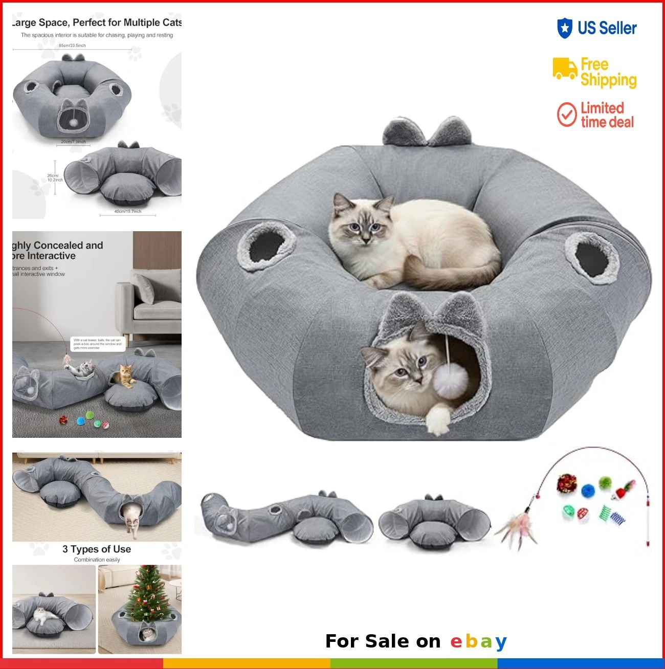 Cat Tunnel with Bed 33.5 Inch Linen 3 in 1 Interactive Play Tent Kittens Small