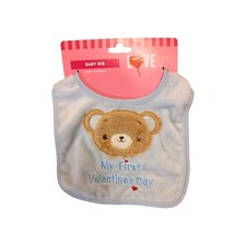NEW My First Valentine's Day Baby Bib Boy 1st Pastel Blue Love Tan Bear Hearts