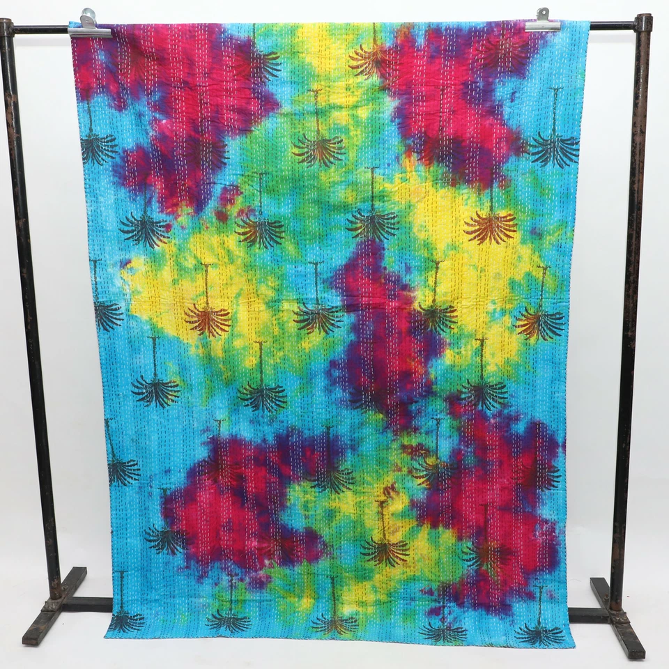 Indian Hand Block Palm Print twin Cotton Handmade Kantha Quilt Throw Blanket - Image 3 of 3