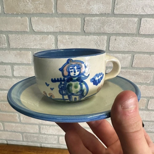 M.A. Hadley Art Pottery Tea / Coffee Mug Cup & Saucer Farmer