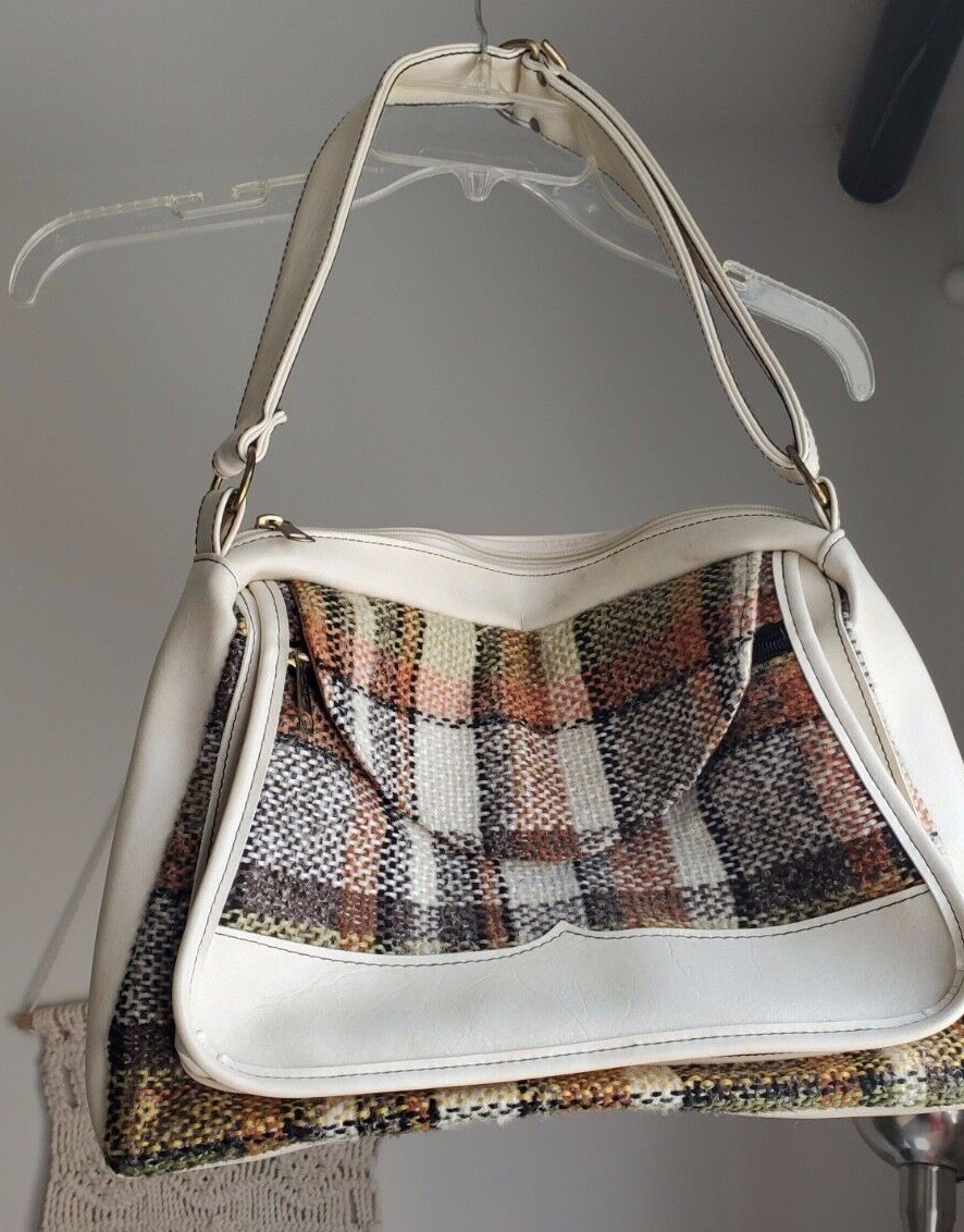 Vintage 1970s Handbag Book Bag VINYL VEGAN White Beige 1980s Fits