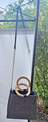 LD Like Dreams Boho Chic Woven & Solid Blk. Wood Round Handle & Strap Purse/Bag