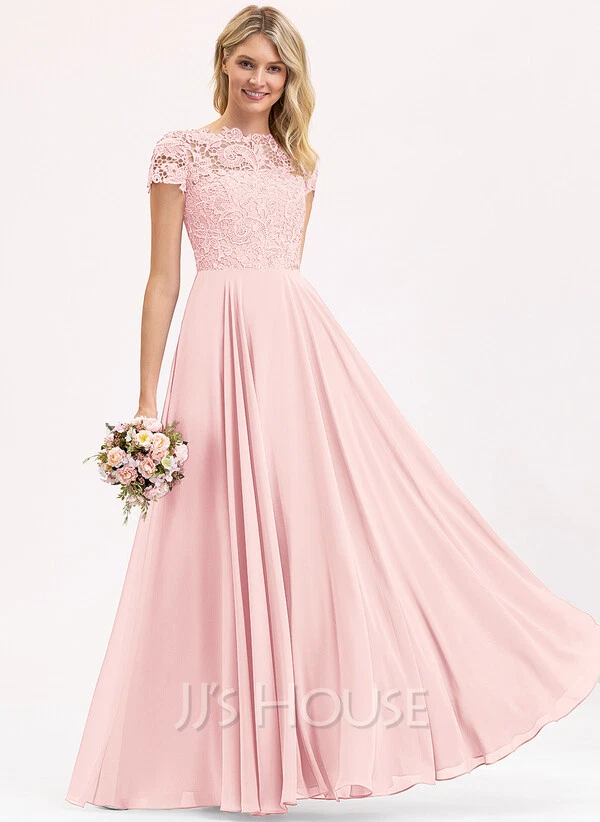 A 字低圆领落地雪纺蕾丝伴娘礼服带口袋 — 第 2/4 张图片