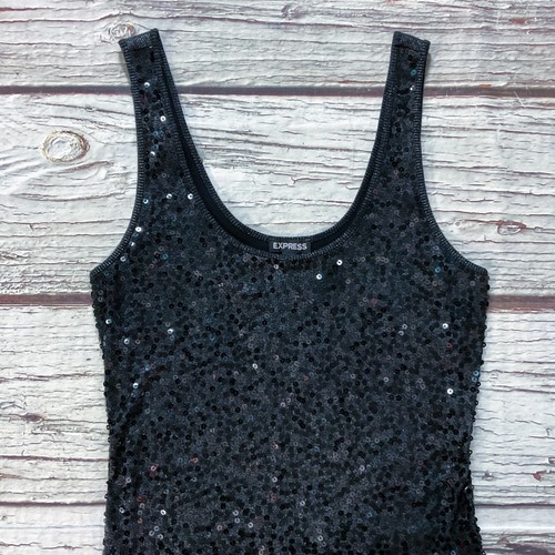 Express Womens Top size Large Junior Black Pullover Tank Sequin Front Stretch L - Picture 3 of 10